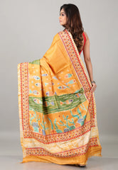 Yellow Pure Tussar Kantha Silk Saree With Blouse Piece - Adi Akshoy & Co.