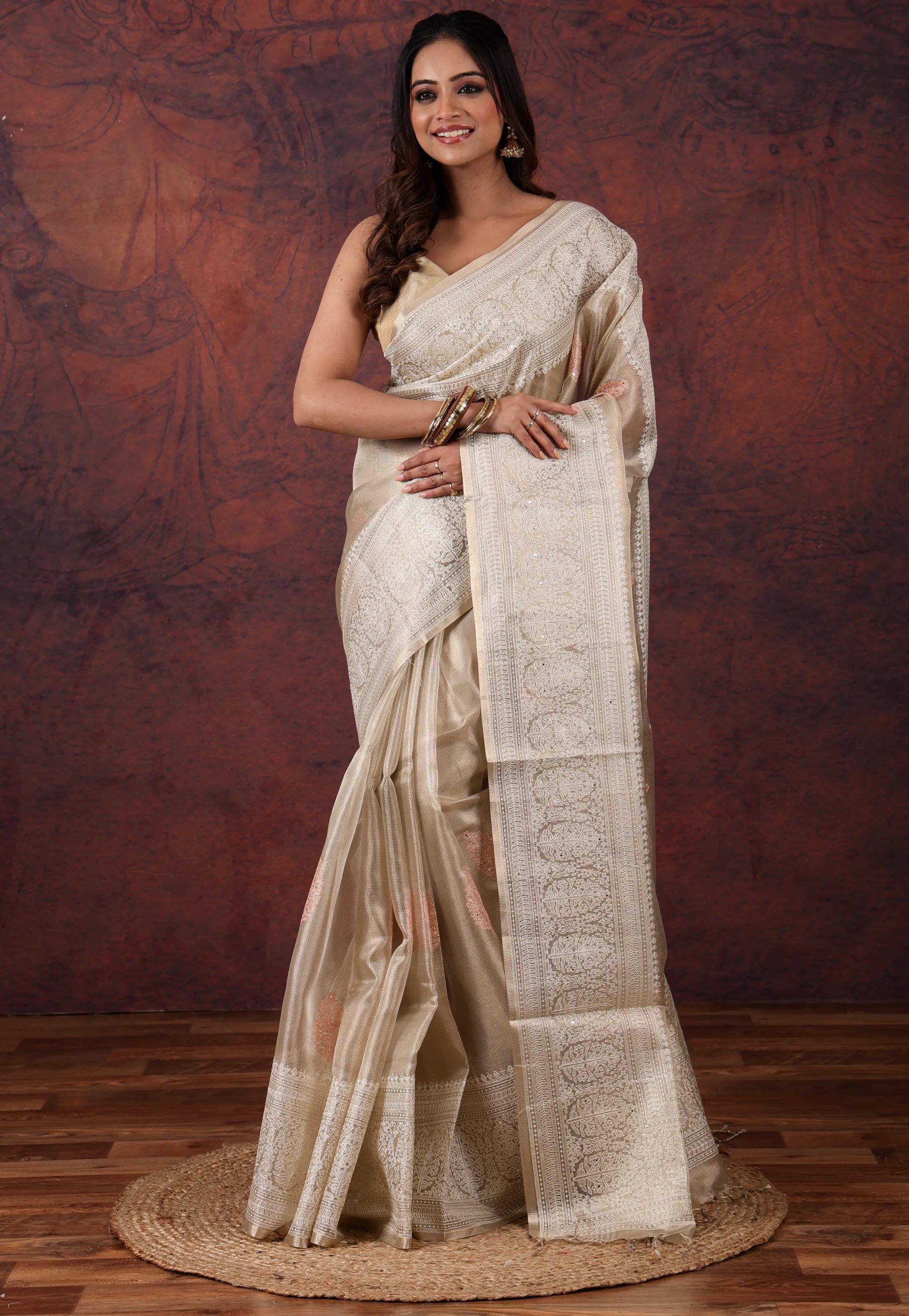 Golden Silver Colour Tissue Kantha Silk Saree With Blouse Piece - Adi Akshoy & Co.