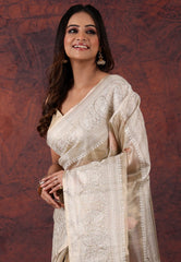 Golden Silver Colour Tissue Kantha Silk Saree With Blouse Piece - Adi Akshoy & Co.