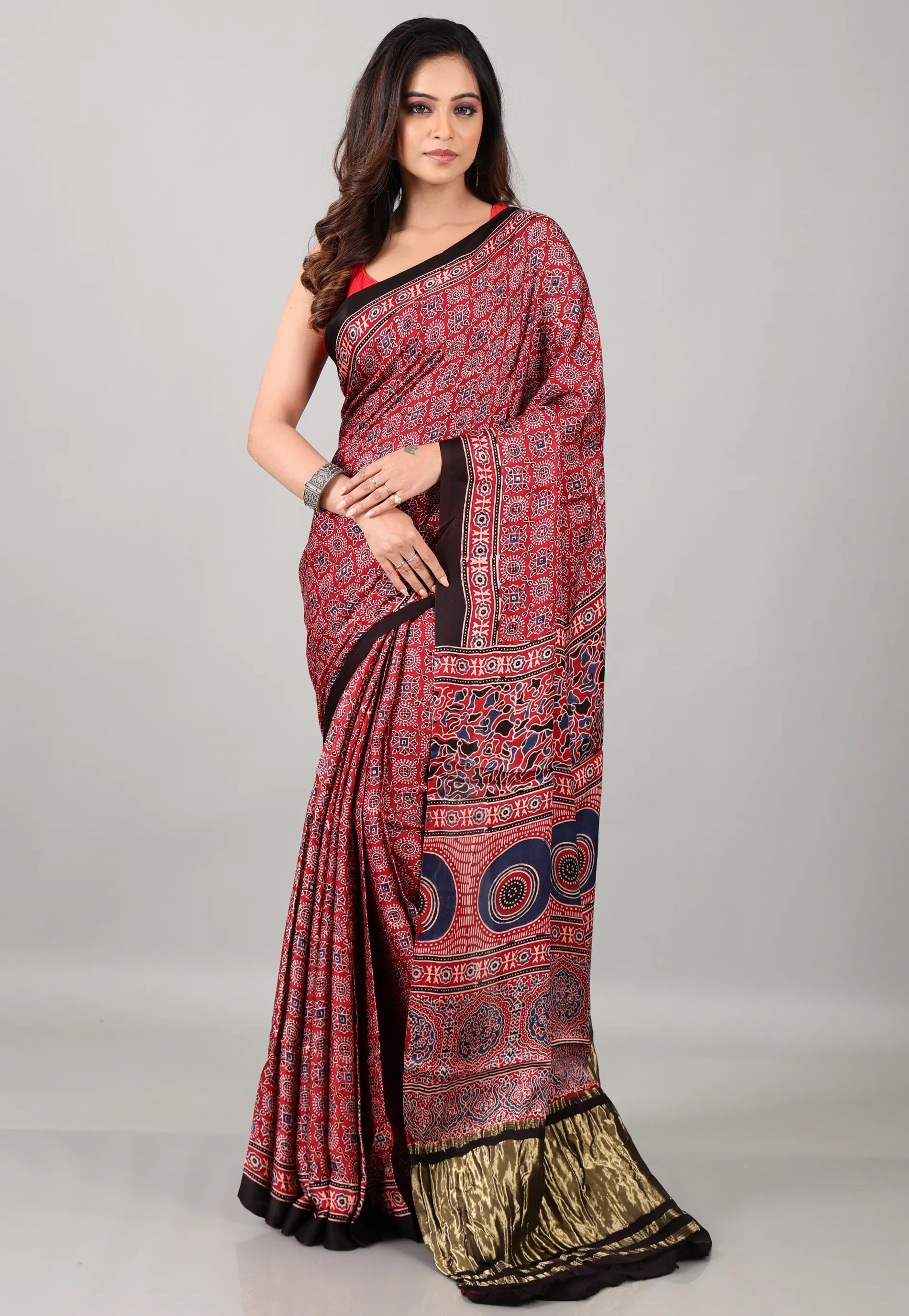 Red Pure Modal Work Silk Saree With Blouse Piece - Adi Akshoy & Co.
