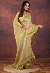 Golden with Green Tissue Embroidery Saree with Blouse Piece - Adi Akshoy & Co.