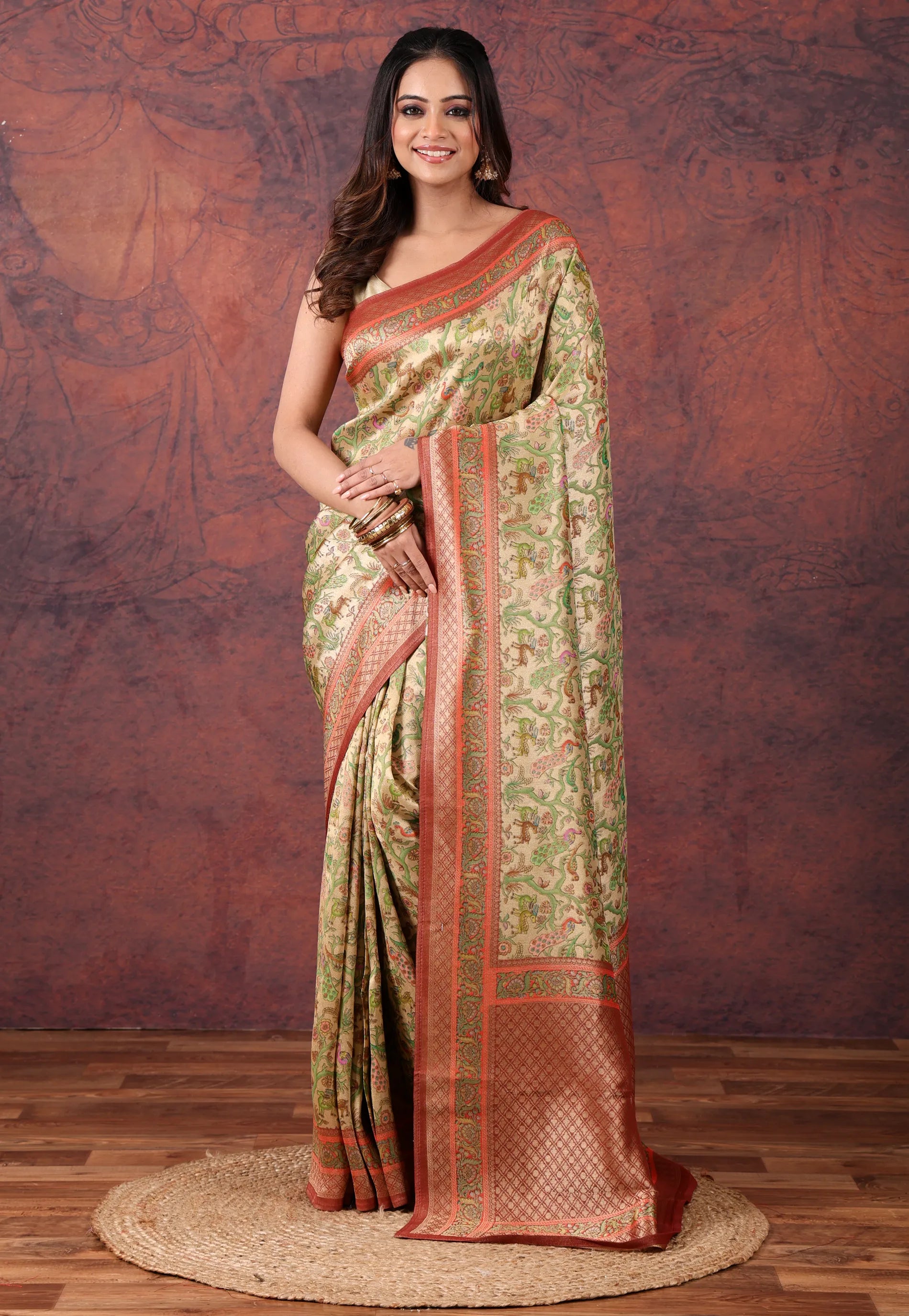 Beige Kani Silk Saree With Blouse Piece - Adi Akshoy & Co.