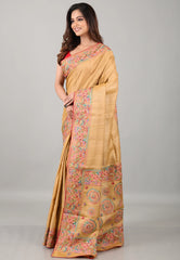 Beige Pure Tussar Kantha Silk Saree With Blouse Piece - Adi Akshoy & Co.
