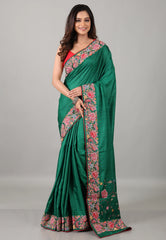 Bottle Green Pure Tussar Kantha Silk Saree With Blouse Piece - Adi Akshoy & Co.