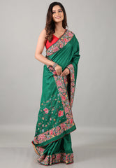 Bottle Green Pure Tussar Kantha Silk Saree With Blouse Piece - Adi Akshoy & Co.