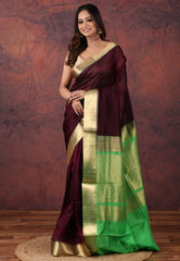 Wine Colour Sico Handloom Saree With Blouse Piece - Adi Akshoy & Co.