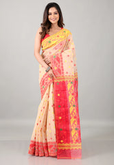 Beige Dhakai Jamdani Cotton Saree with Blouse Piece - Adi Akshoy & Co.
