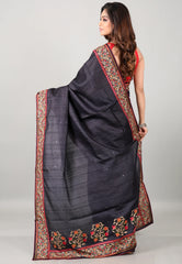 Charcoal Black Pure Tussar Kantha Silk Saree With Blouse Piece - Adi Akshoy & Co.