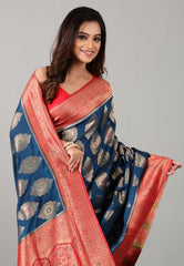 Blue Katan Silk Saree With Blouse Piece - Adi Akshoy & Co.