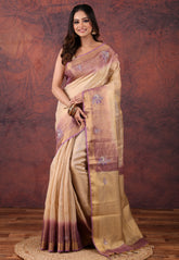 Golden with Purple Tissue Embroidery Saree with Blouse Piece - Adi Akshoy & Co.