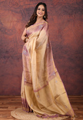 Golden with Purple Tissue Embroidery Saree with Blouse Piece - Adi Akshoy & Co.