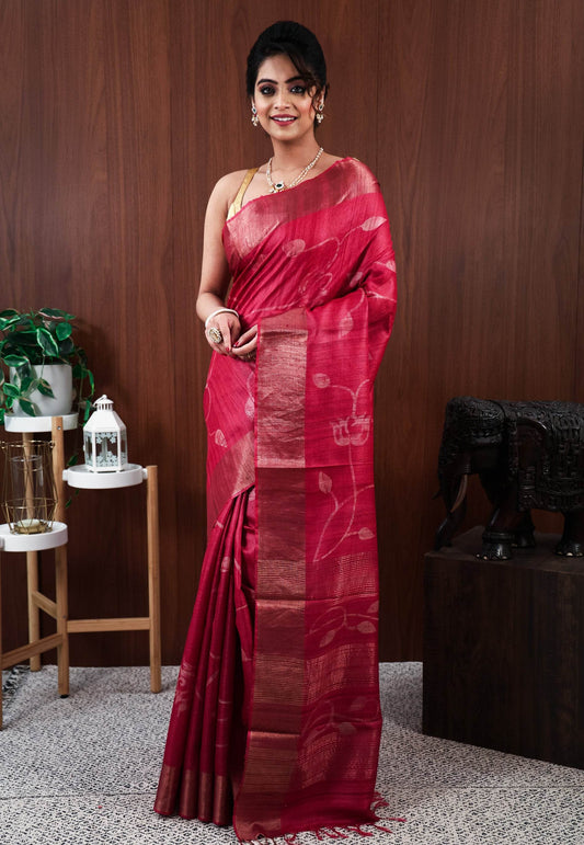 Red Tussar Silk Saree with Blouse Piece - Adi Akshoy & Co.