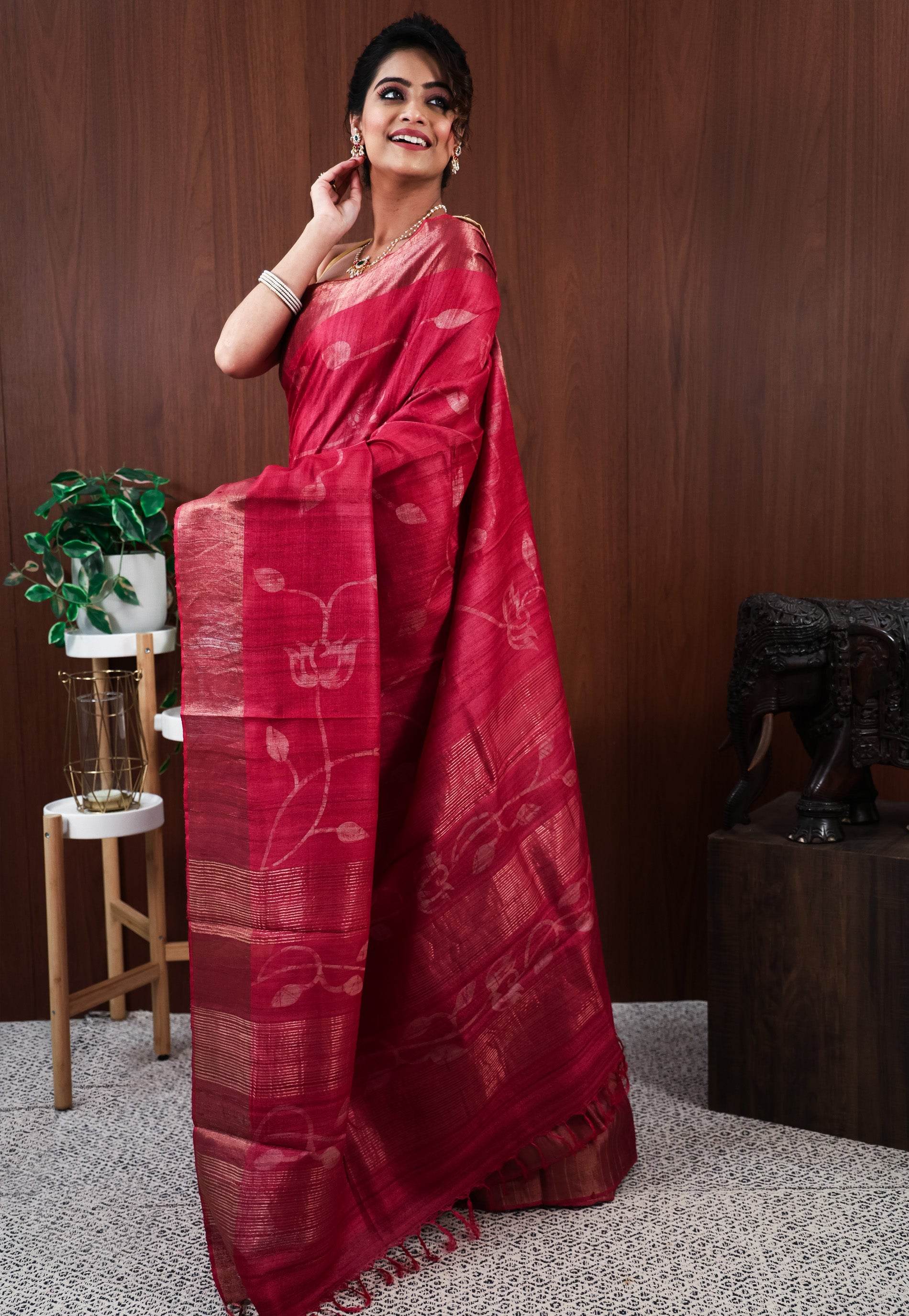 Red Tussar Silk Saree with Blouse Piece - Adi Akshoy & Co.