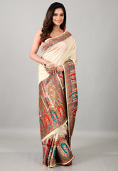 Cream colour Kani Silk Saree With Blouse Piece - Adi Akshoy & Co.
