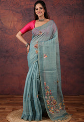 Sea Green Kantha Silk Saree with Blouse Piece - Adi Akshoy & Co.