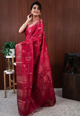 Red Tussar Silk Saree with Blouse Piece - Adi Akshoy & Co.