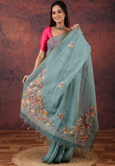 Sea Green Kantha Silk Saree with Blouse Piece - Adi Akshoy & Co.