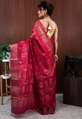 Red Tussar Silk Saree with Blouse Piece - Adi Akshoy & Co.