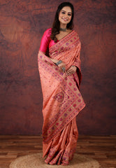 Peach Pure Tussar Kantha Silk Saree With Blouse Piece