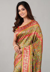 Olive Green Kani Silk Saree With Blouse Piece - Adi Akshoy & Co.
