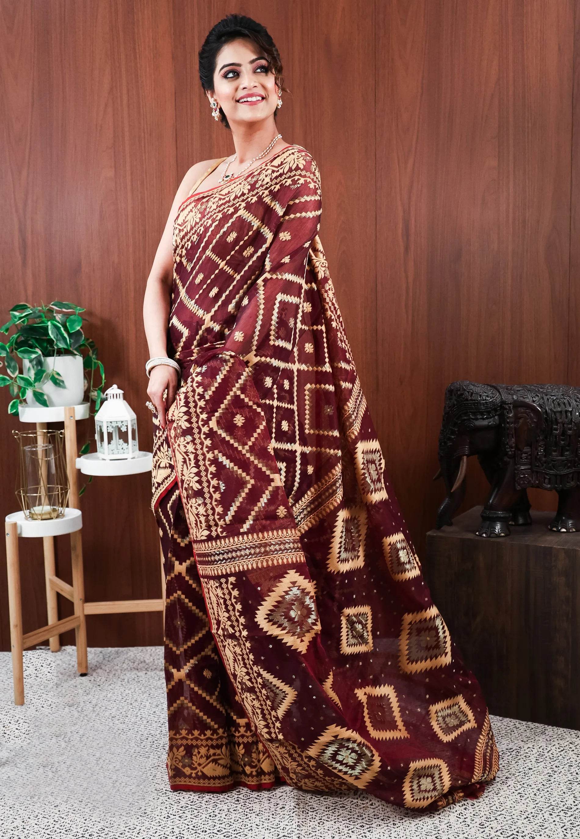 Maroon Dhakai Jamdani Cotton Saree without Blouse Piece - Adi Akshoy & Co.
