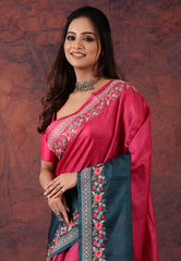 Rani Pink Pure Tussar Kantha Silk Saree With Blouse Piece - Adi Akshoy & Co.