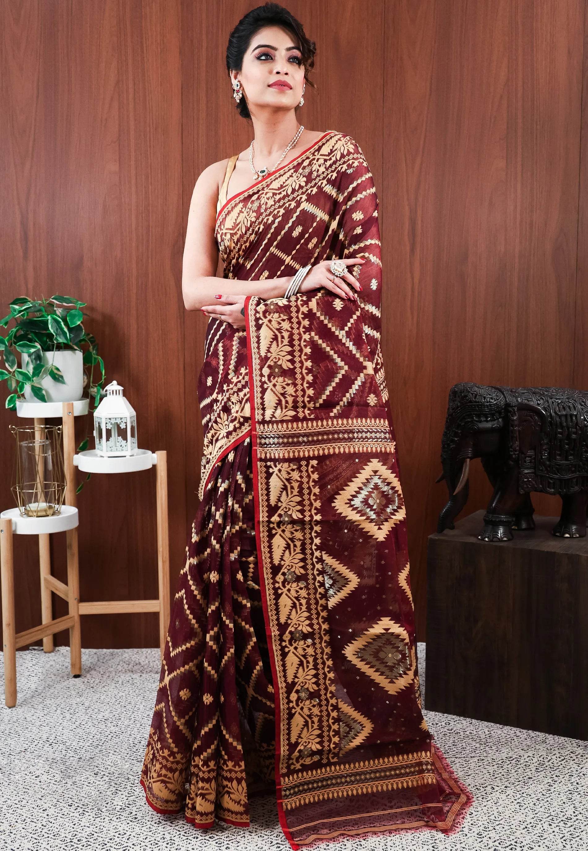 Maroon Dhakai Jamdani Cotton Saree without Blouse Piece - Adi Akshoy & Co.