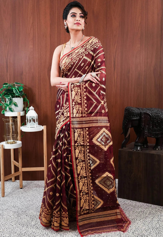 Maroon Dhakai Jamdani Cotton Saree without Blouse Piece - Adi Akshoy & Co.