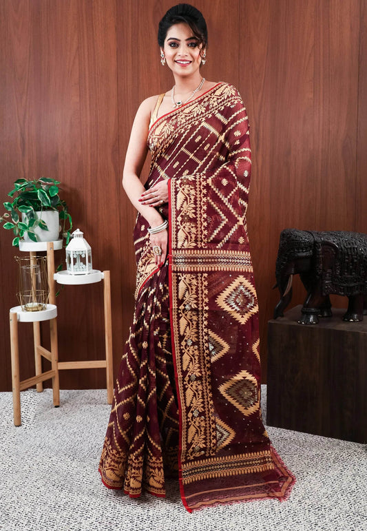Maroon Dhakai Jamdani Cotton Saree without Blouse Piece - Adi Akshoy & Co.
