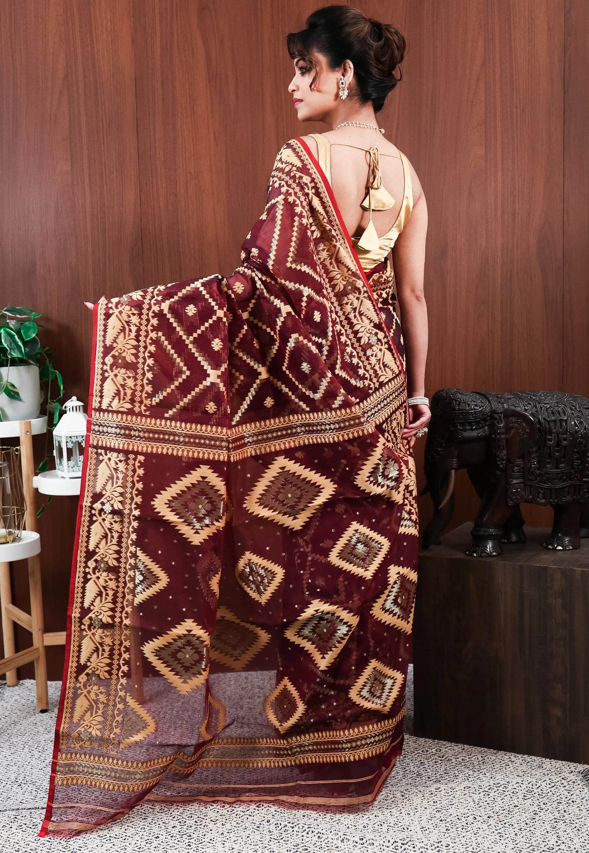 Maroon Dhakai Jamdani Cotton Saree without Blouse Piece - Adi Akshoy & Co.
