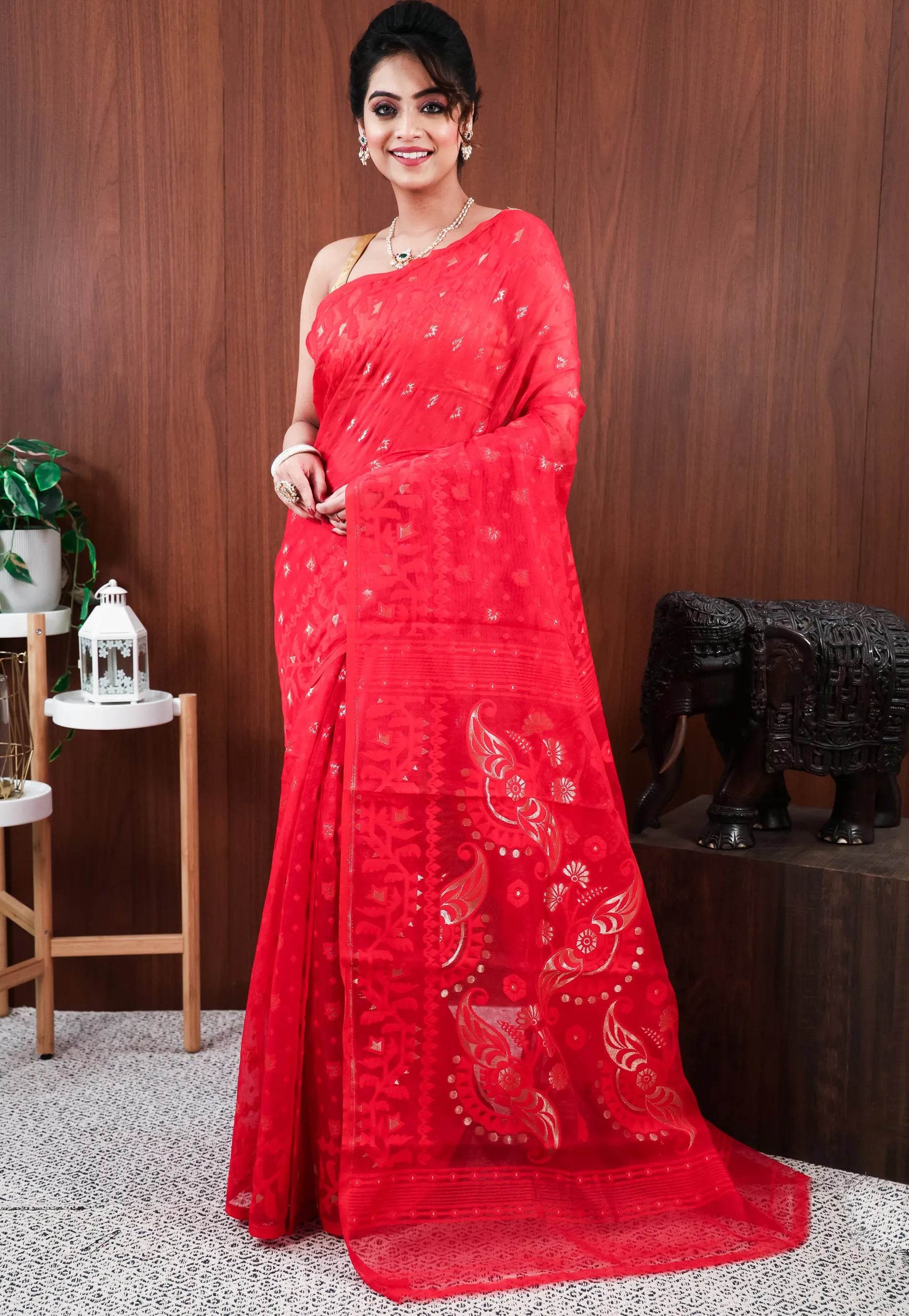 Red Dhakai Jamdani Cotton Saree without Blouse Piece - Adi Akshoy & Co.