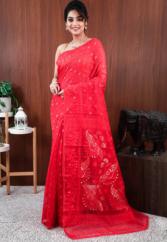 Red Dhakai Jamdani Cotton Saree without Blouse Piece - Adi Akshoy & Co.