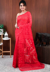 Red Dhakai Jamdani Cotton Saree without Blouse Piece - Adi Akshoy & Co.