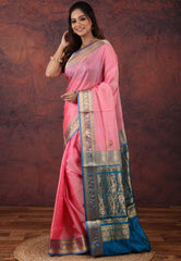 Pink Sico Handloom Saree With Blouse Piece - Adi Akshoy & Co.
