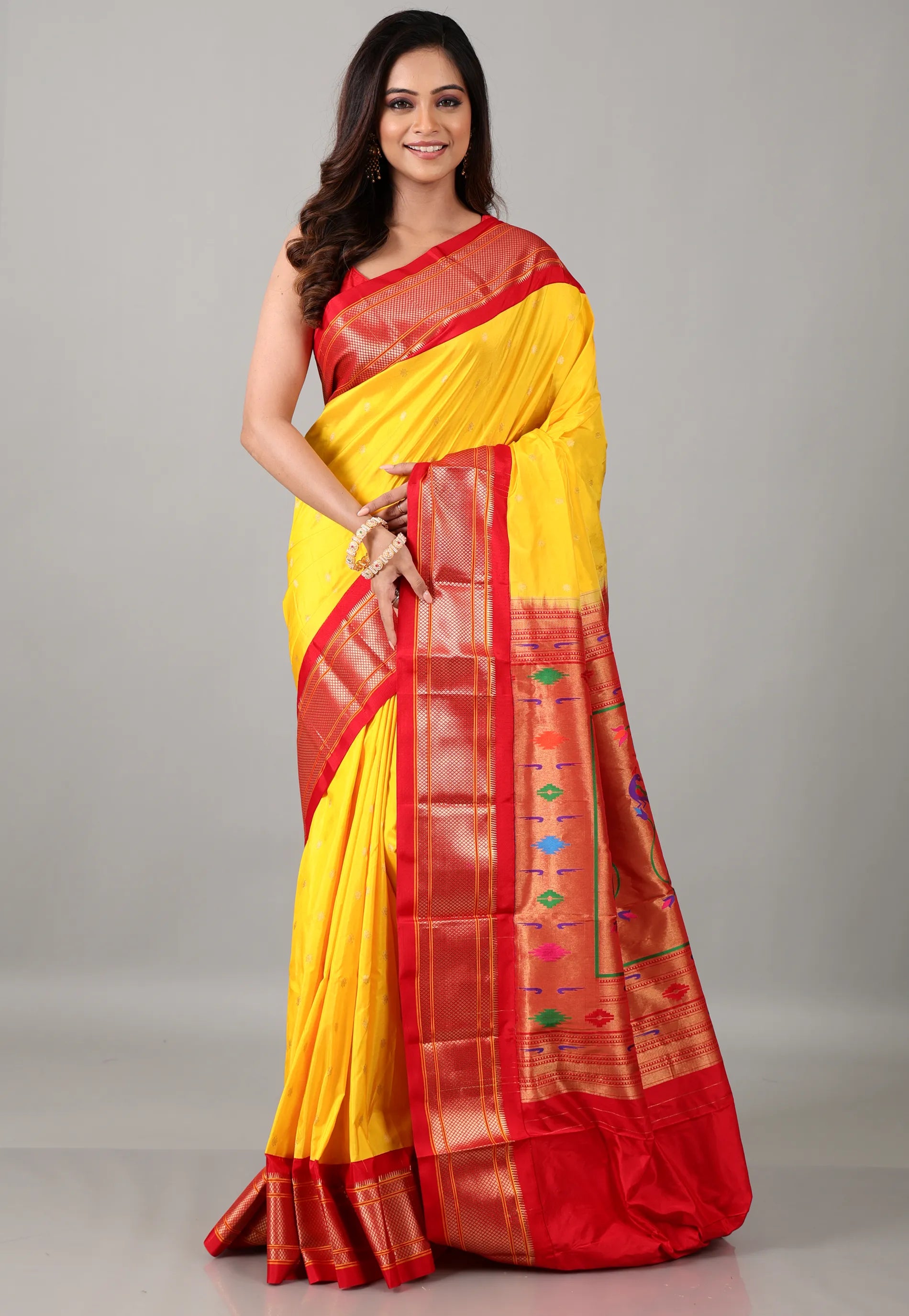 Yellow Pure Paithani Silk Saree With Blouse Piece - Adi Akshoy & Co.