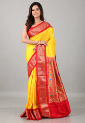 Yellow Pure Paithani Silk Saree With Blouse Piece - Adi Akshoy & Co.