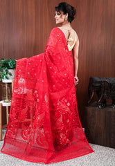 Red Dhakai Jamdani Cotton Saree without Blouse Piece - Adi Akshoy & Co.