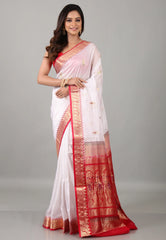 White Sico Handloom Saree With Blouse Piece - Adi Akshoy & Co.