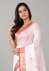 White Sico Handloom Saree With Blouse Piece - Adi Akshoy & Co.