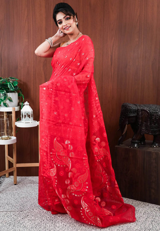 Red Dhakai Jamdani Cotton Saree without Blouse Piece - Adi Akshoy & Co.
