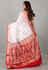 White Sico Handloom Saree With Blouse Piece - Adi Akshoy & Co.
