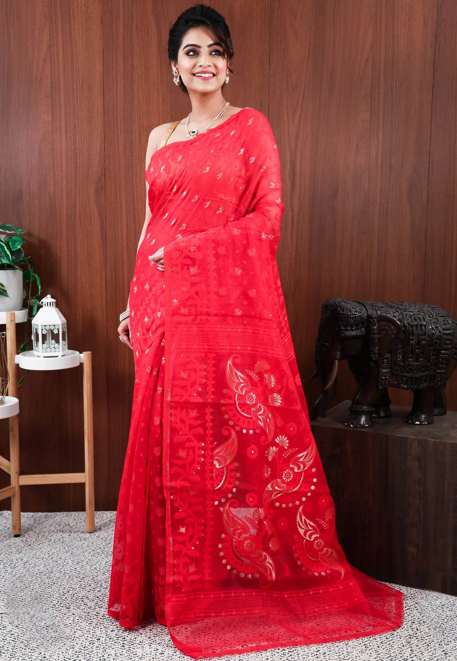Red Dhakai Jamdani Cotton Saree without Blouse Piece - Adi Akshoy & Co.