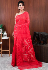 Red Dhakai Jamdani Cotton Saree without Blouse Piece - Adi Akshoy & Co.