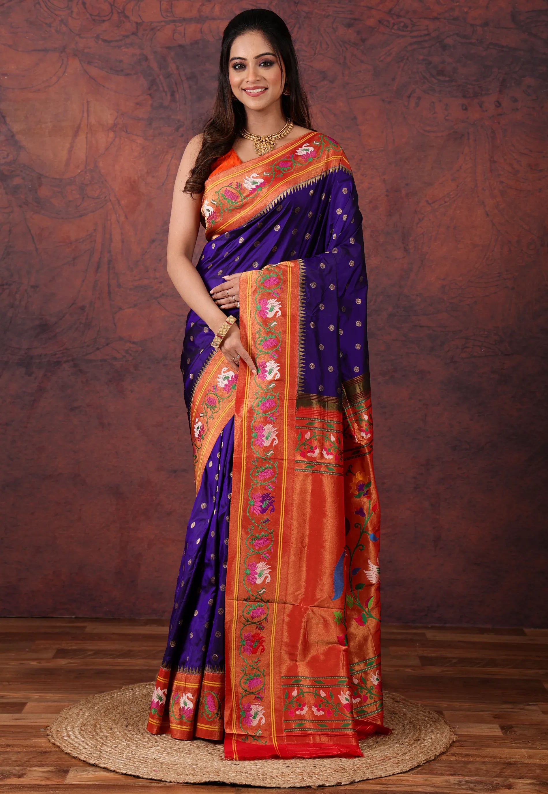 Navy Blue Green Pure Paithani Silk Saree With Blouse Piece - Adi Akshoy & Co.