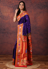 Navy Blue Green Pure Paithani Silk Saree With Blouse Piece - Adi Akshoy & Co.