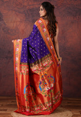 Navy Blue Green Pure Paithani Silk Saree With Blouse Piece - Adi Akshoy & Co.