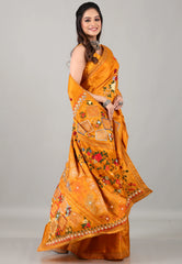 Mustard Yellow Kantha Silk Saree with Blouse Piece - Adi Akshoy & Co.