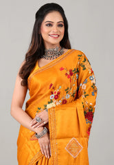 Mustard Yellow Kantha Silk Saree with Blouse Piece - Adi Akshoy & Co.