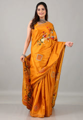 Mustard Yellow Kantha Silk Saree with Blouse Piece - Adi Akshoy & Co.
