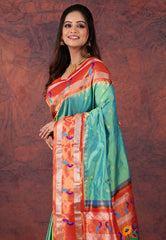 Cross Green Pure Paithani Silk Saree With Blouse Piece